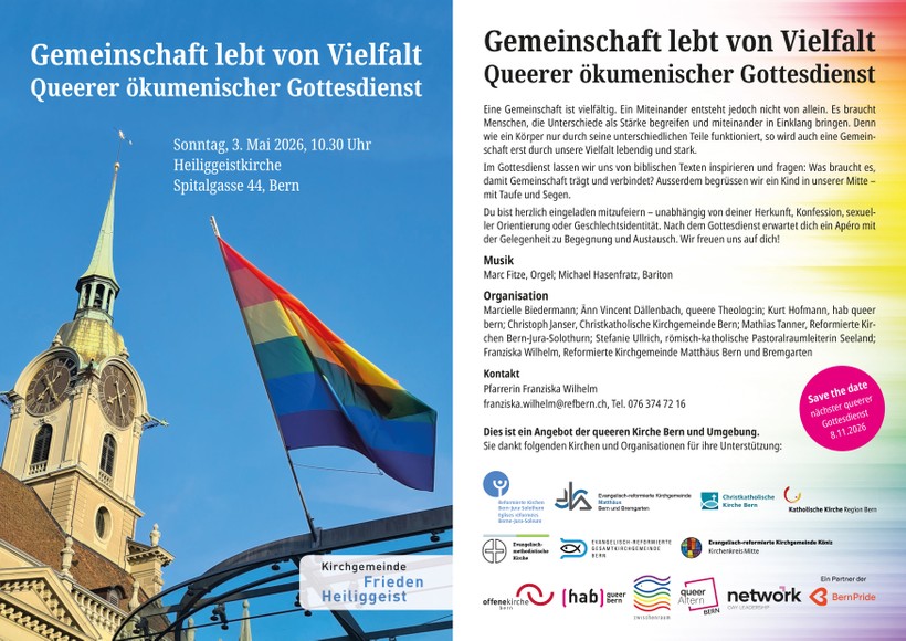 Gemeinschaft lebt von Vielfalt Queerer ökumenischer Gottesdienst Bern Heiliggeistkirche Bern